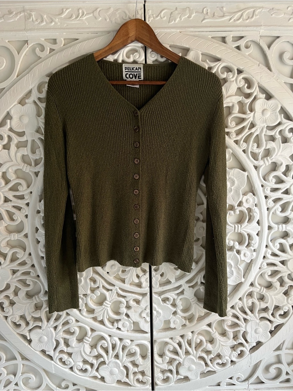 Pelican Cove Olive Green Ribbed Button Front Knit Sweater Cardigan Women’s L